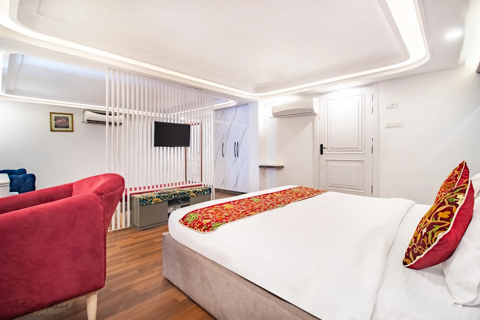 Comfortable modern hotel bedroom interior view